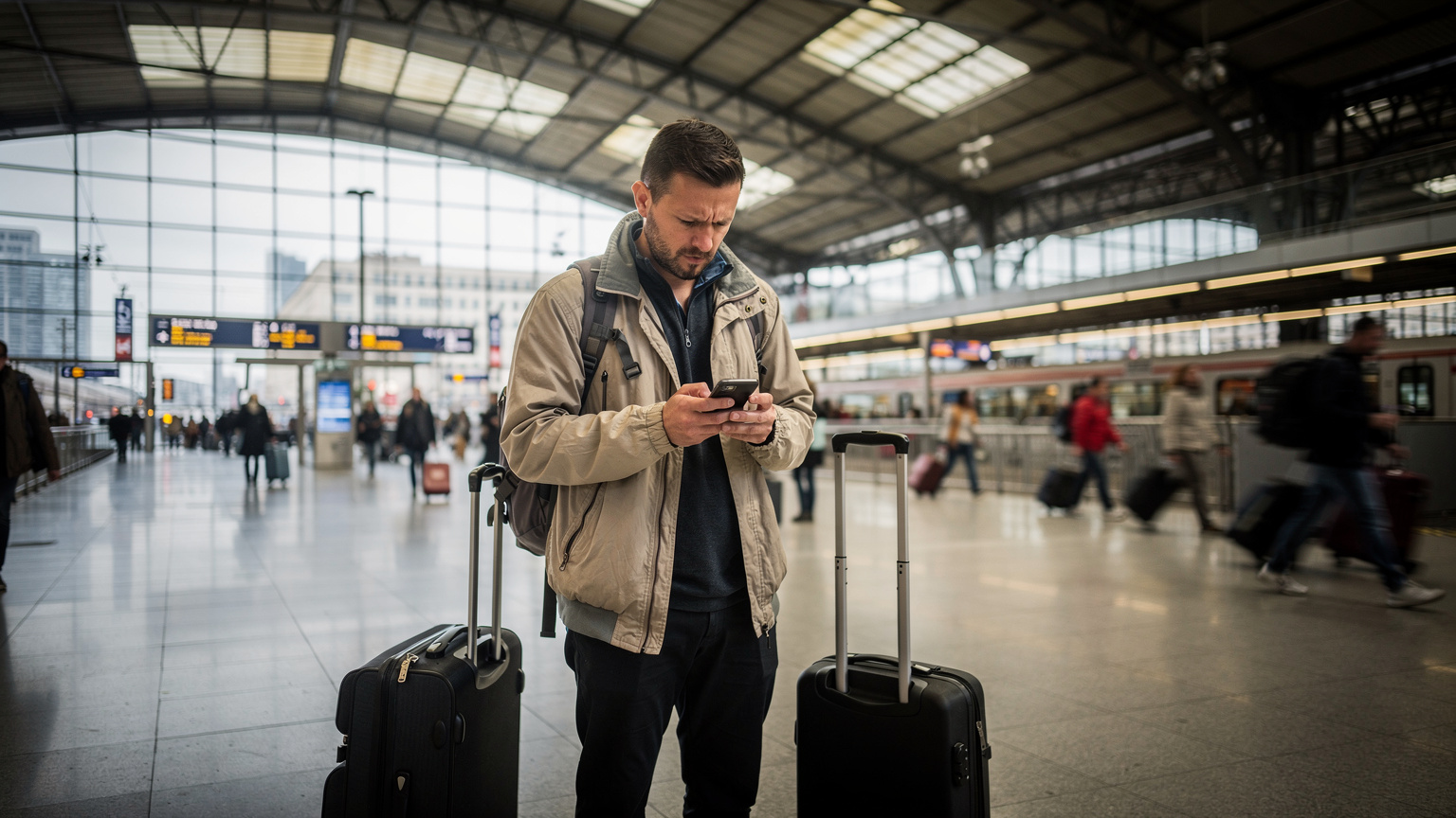 Bir seyyah, kalabalık bir Avrupa tren istasyonunda (belki Almanya'daki Berlin Hauptbahnhof), bagajının yanında durmuş, endişeli bir yüz ifadesiyle telefonuna bakıyor. Ekranında 'Servis Yok' veya 'Ağ Yok' gibi bir hata mesajı belirgin değil ama genel ruh hali iletişim sorununu yansıtıyor.