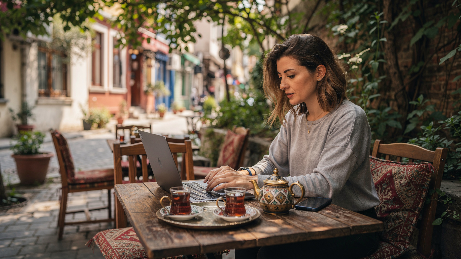 Bir seyahat blog yazarı, yerel bir Türk çay bahçesinde dizüstü bilgisayarını ve akıllı telefonunu kullanarak çalışıyor, aynı anda WhatsApp mesajlarını kontrol ediyor. Eski bir numarayı korumanın ve eSIM kullanmanın pratikliğini sergiliyor.