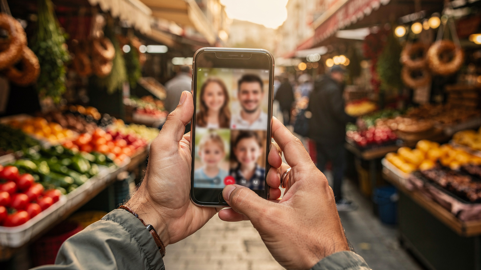 Hareketli bir İstanbul pazarında, bir seyyahın elinde akıllı telefonuyla WhatsApp üzerinden ailesiyle görüntülü konuşurken çekilmiş yakın plan bir fotoğraf. Telefonun ekranında aile üyelerinin yüzleri belirsiz bir şekilde görünüyor, seyahat ederken bağlantıda kalmanın önemini vurguluyor.