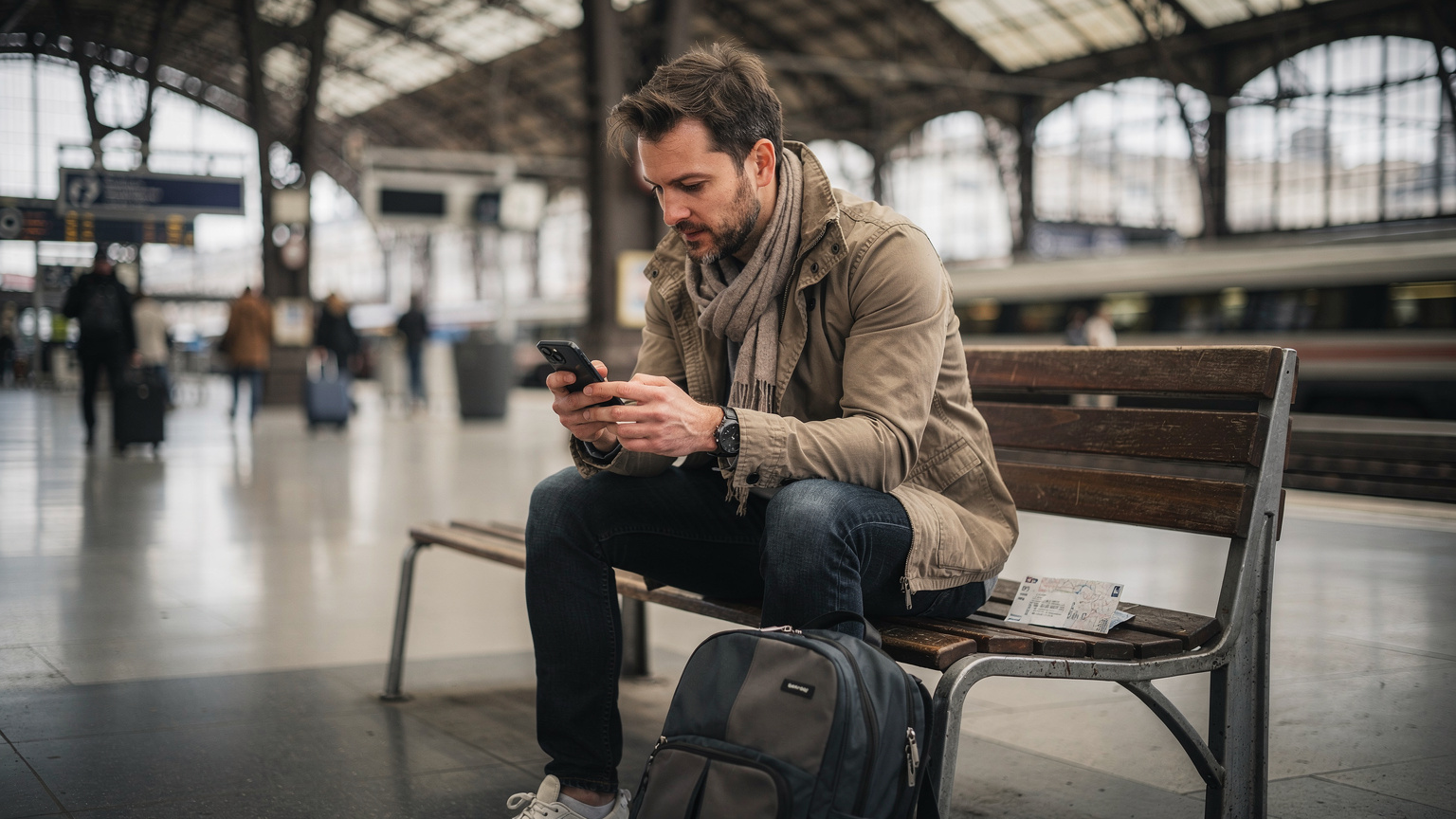 Un viajero revisa su teléfono con una eSIM activa en la estación de tren Gare du Nord, París, con mochilas de viaje a sus pies, preparándose para un viaje.