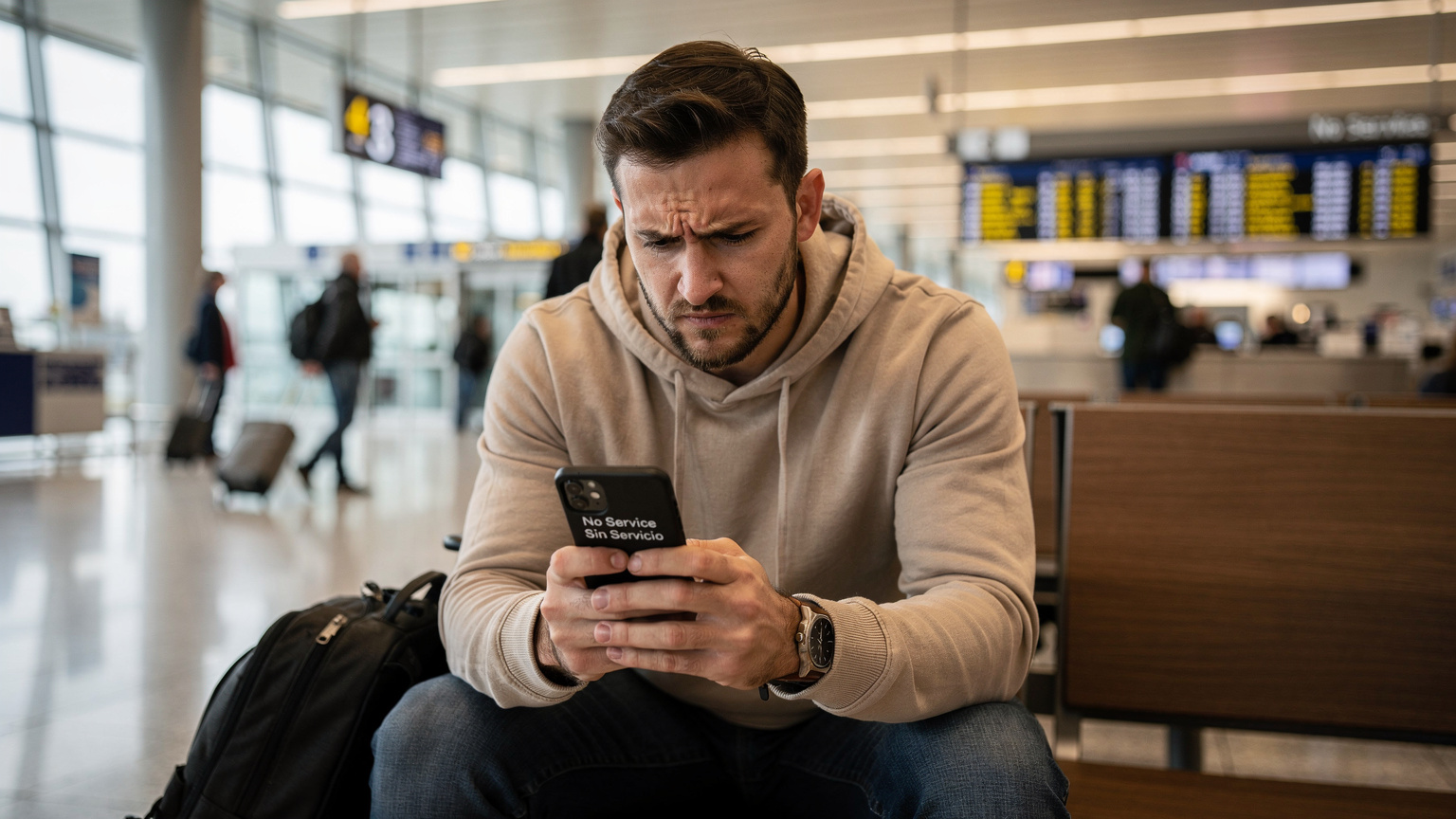 Un viajero en el aeropuerto de Schiphol, Ámsterdam, con expresión de frustración mirando un teléfono con mensaje 'Sin servicio'.