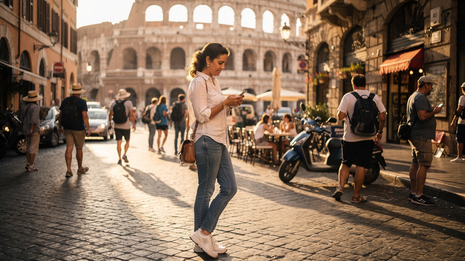 Un viajero consulta su teléfono buscando direcciones en una calle concurrida de Roma, con el Coliseo de fondo.