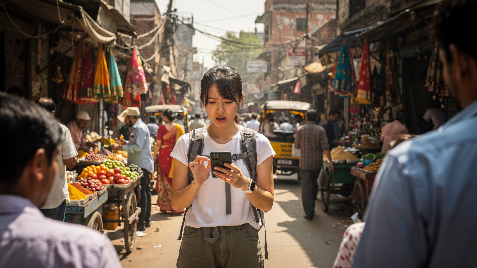 インドのデリーにある混雑した市場で、スマートフォンを使って必死に地図アプリを確認している日本人旅行者。周囲は活気に満ちているが、彼女は接続トラブルに直面しているようだ。