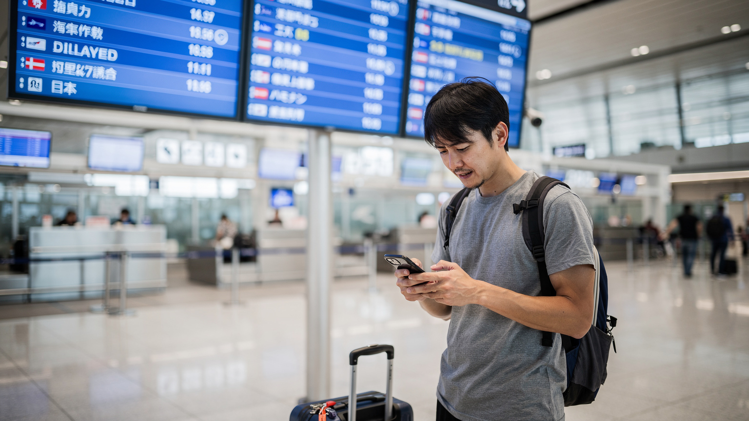 空港のチェックインカウンターで、フライト情報が遅延していることを示すデジタル表示板の前で、困った顔でスマートフォンを操作している日本人旅行者。彼女は助けを求めているようだ。