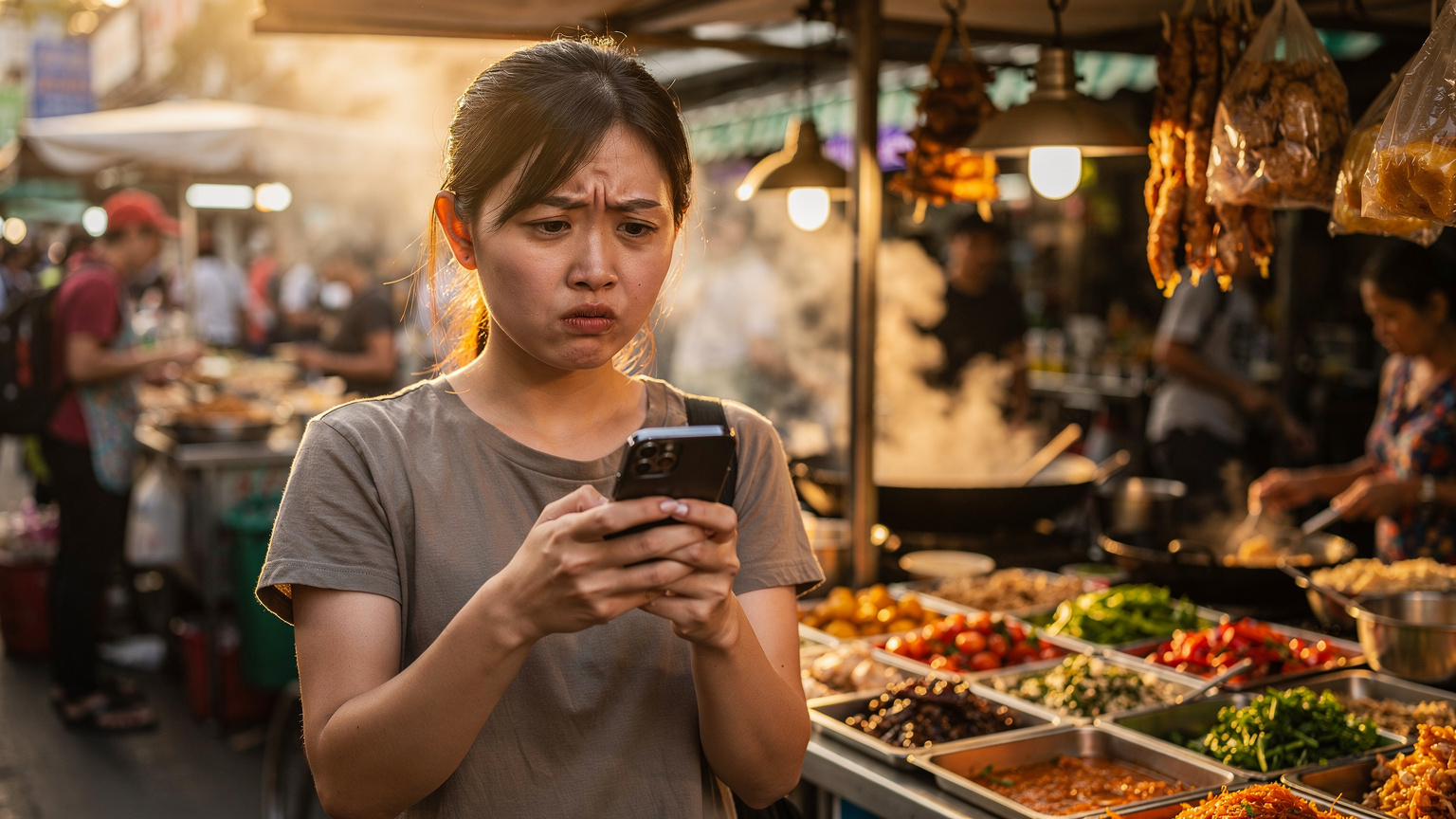 タイのバンコクの活気あるストリートフード屋台の前で、スマートフォンを操作している日本人女性。彼女はフードデリバリーアプリを注文しようとしているが、SMS認証の問題で困っている様子だ。
