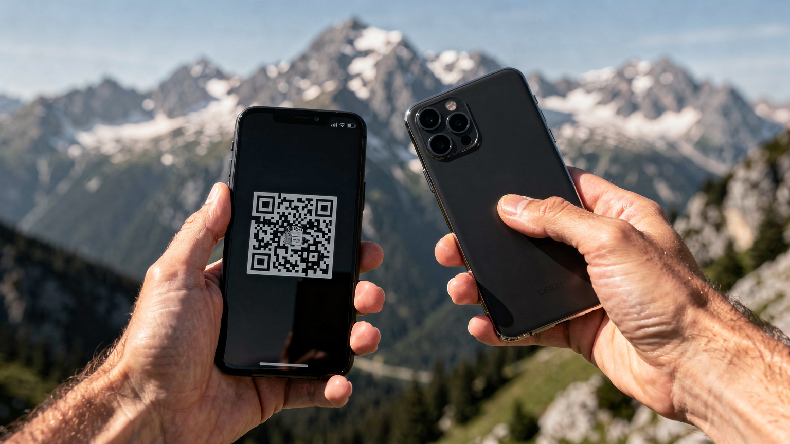 Ręce turysty skanującego kod QR eSIM na smartfonie, z malowniczym krajobrazem Tatr w tle, symbolizującym łatwą aktywację nawet w górach.