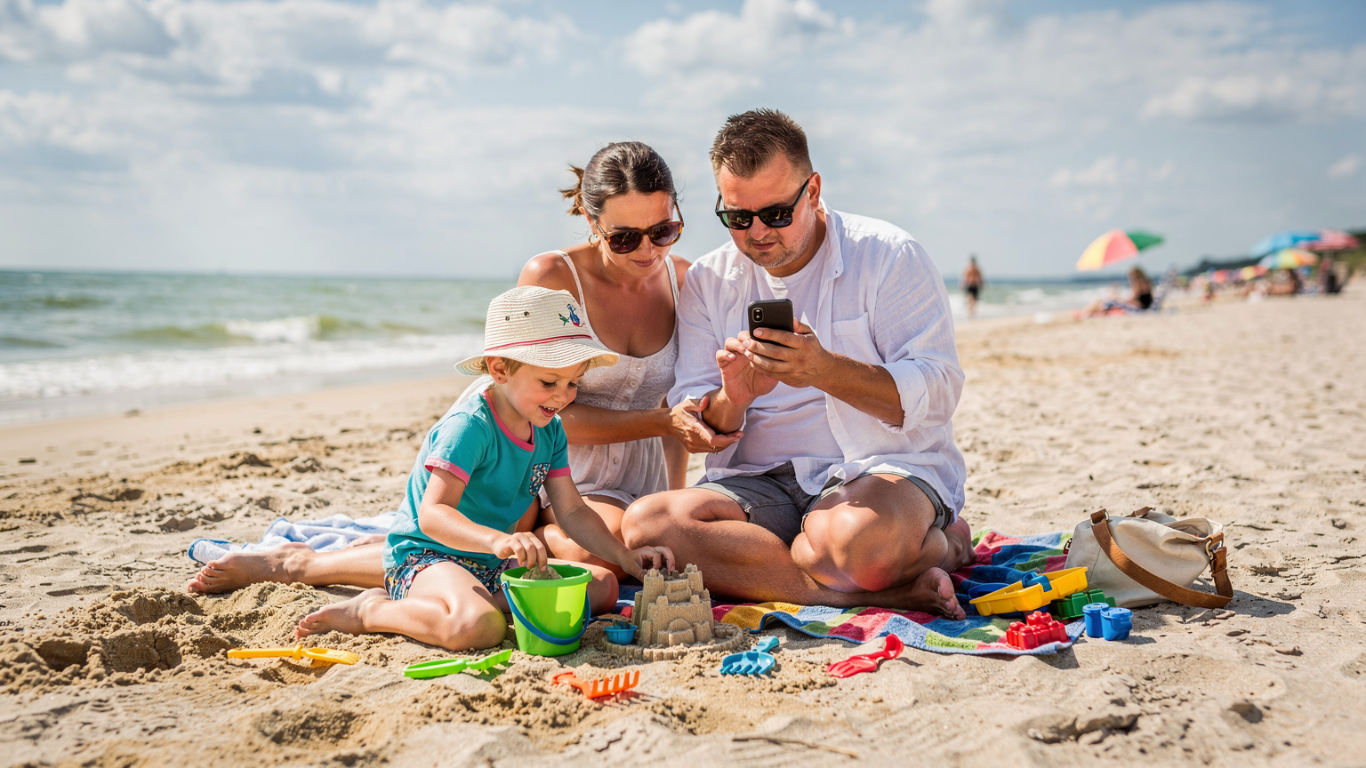 Rodzina z dziećmi na plaży w Jastarni, z rodzicem sprawdzającym coś na telefonie, symbolizującym potrzebę niezawodnego internetu podczas rodzinnych wakacji.