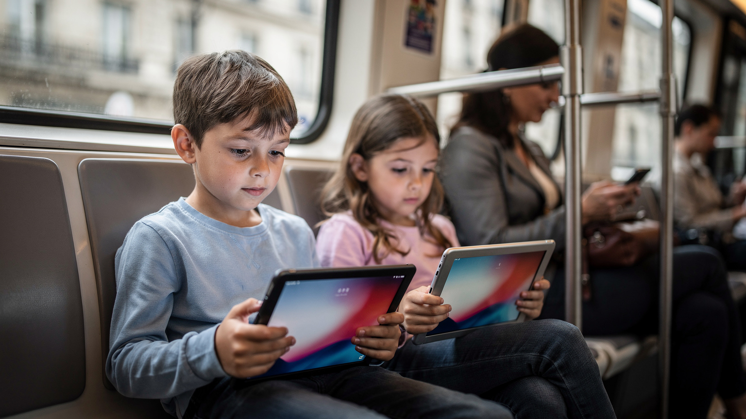 A young boy and girl engrossed in their tablets on a busy Parisian Métro train, while their mother checks her phone, illustrating the necessity of multi-device connectivity.