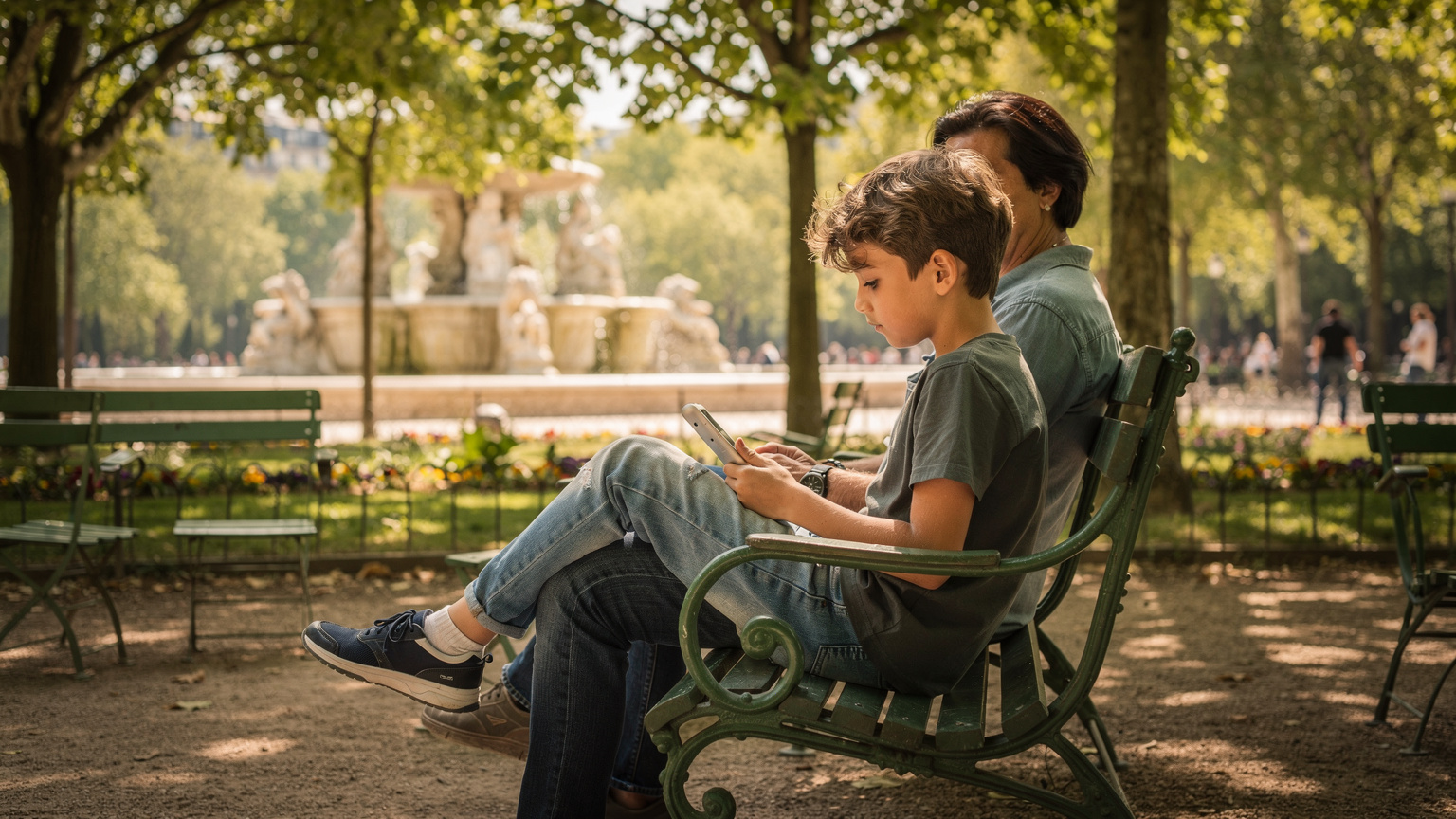 A child using an iPad in a Parisian park, with a parent subtly observing from behind, illustrating the balance of independence and oversight with technology while traveling.