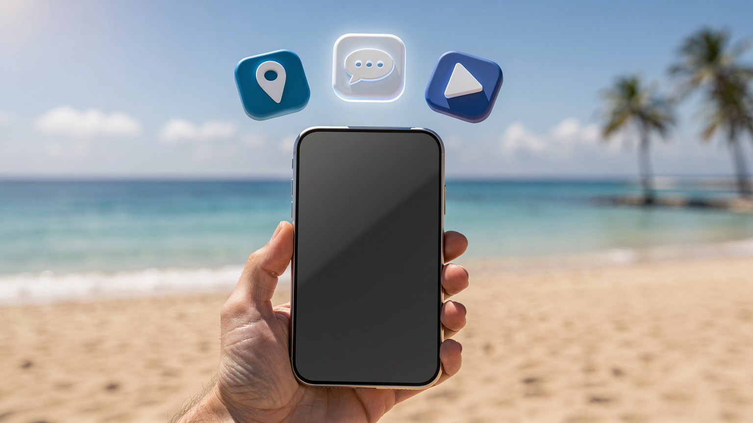 O ilustrație conceptuală care arată o mână ținând un smartphone cu pictograme de aplicații, cum ar fi o hartă, un mesaj și un simbol de streaming, plutind deasupra ecranului. Pe fundal se vede o plajă însorită din Grecia, cu nisip auriu și mare cristalină.