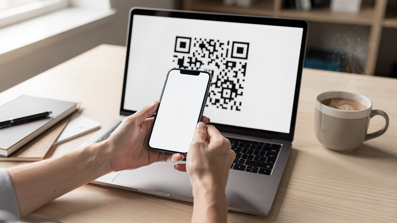 Un close-up pe mâinile unei femei care ține un smartphone, scanând un cod QR afișat pe ecranul unui laptop. Pe masă, lângă laptop, se află o cană de cafea aburindă. Lumina naturală cade pe masă.