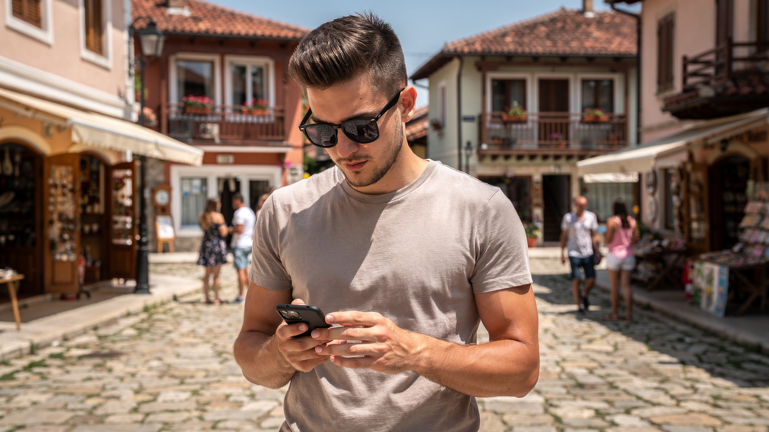 Un bărbat tânăr, cu ochelari de soare, consultă harta pe telefon în timp ce merge pe o stradă pietonală din Balcic, Bulgaria. În fundal se văd clădiri vechi cu arhitectură balcanică specifică, magazine mici și alți turiști.