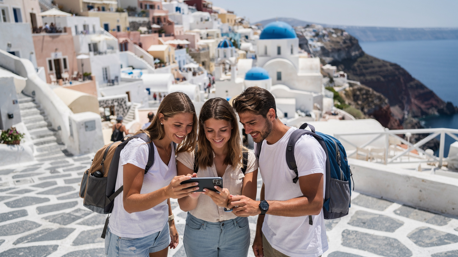 Trei tineri, cu rucsacuri, stau într-o piațetă mică din Fira, Santorini, Grecia, și privesc toți ecranul unui telefon mobil, probabil căutând direcții. Clădirile albe cu acoperișuri albastre, specifice insulei, se văd în fundal.