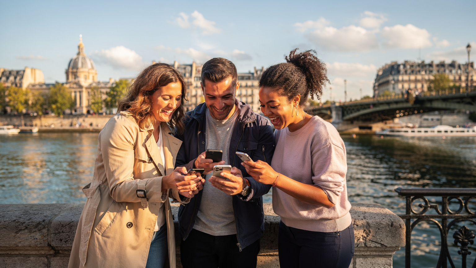 Un groupe d'amis souriants près de la Seine, échangeant des photos sur leurs téléphones, symbolisant la connectivité partagée grâce à l'eSIM.