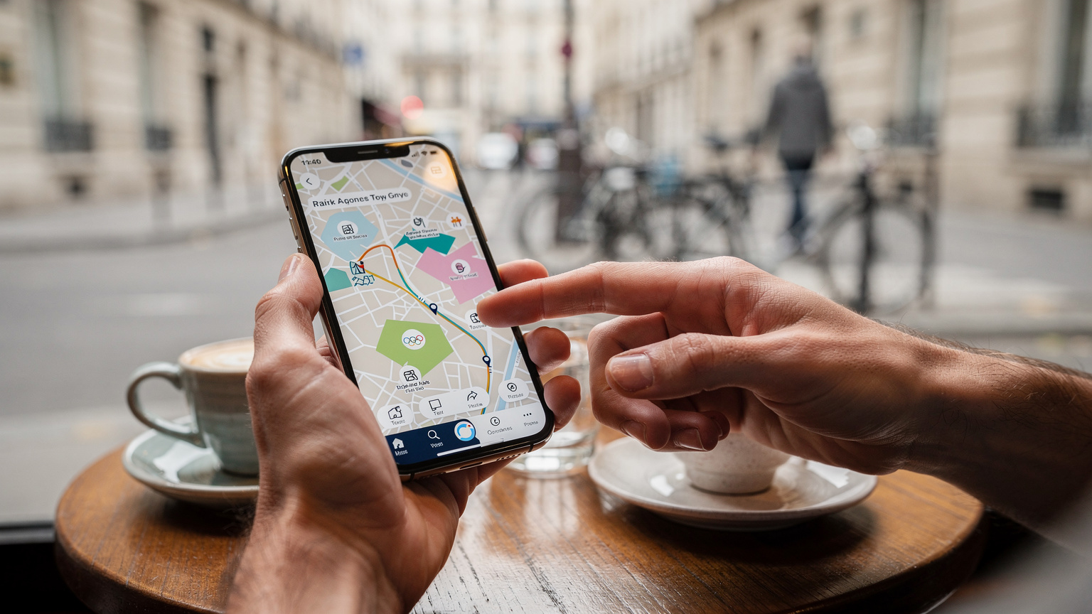 Un écran de téléphone affichant un plan de Paris avec les sites olympiques, tenu par des mains se préparant à choisir un itinéraire, sous un éclairage doux.