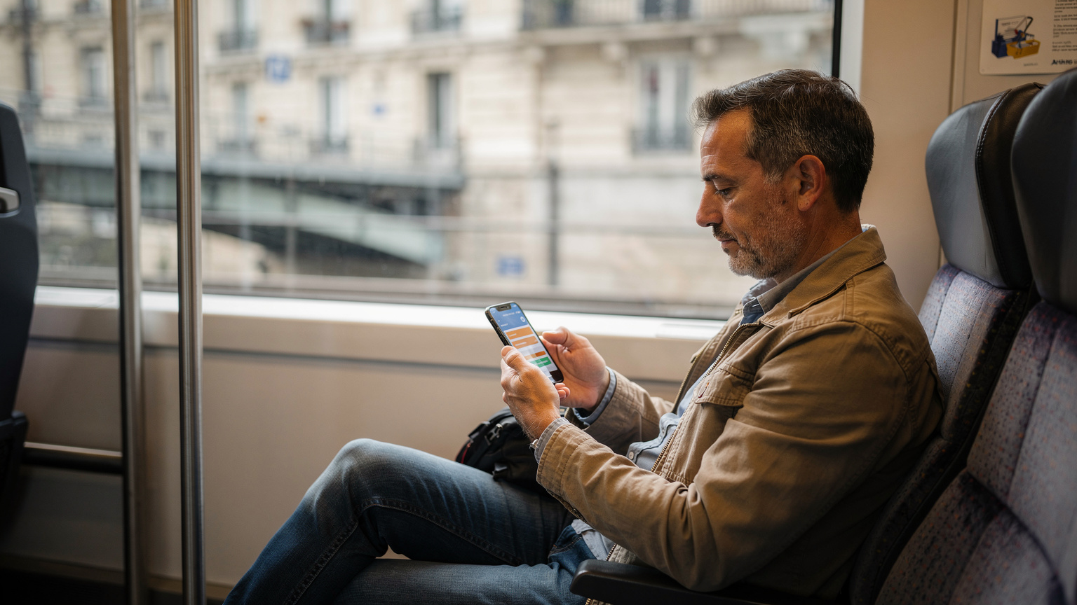Un voyageur dans le RER B, consultant son téléphone, affichant un écran de gestion de forfait eSIM, avec l'architecture parisienne floue en arrière-plan.