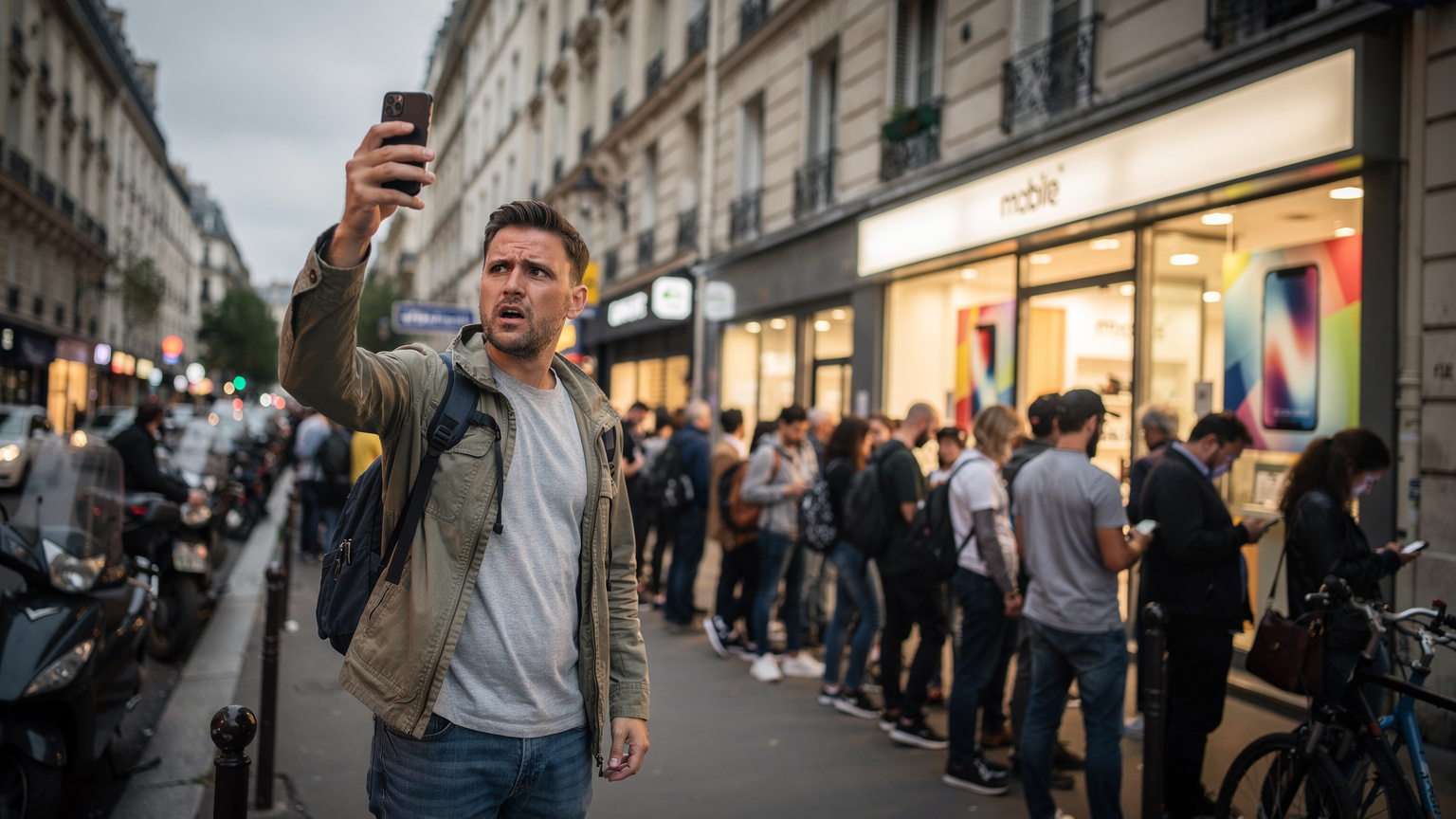 Un voyageur frustré tentant de se connecter à un réseau surchargé devant une boutique de téléphonie bondée à Paris.
