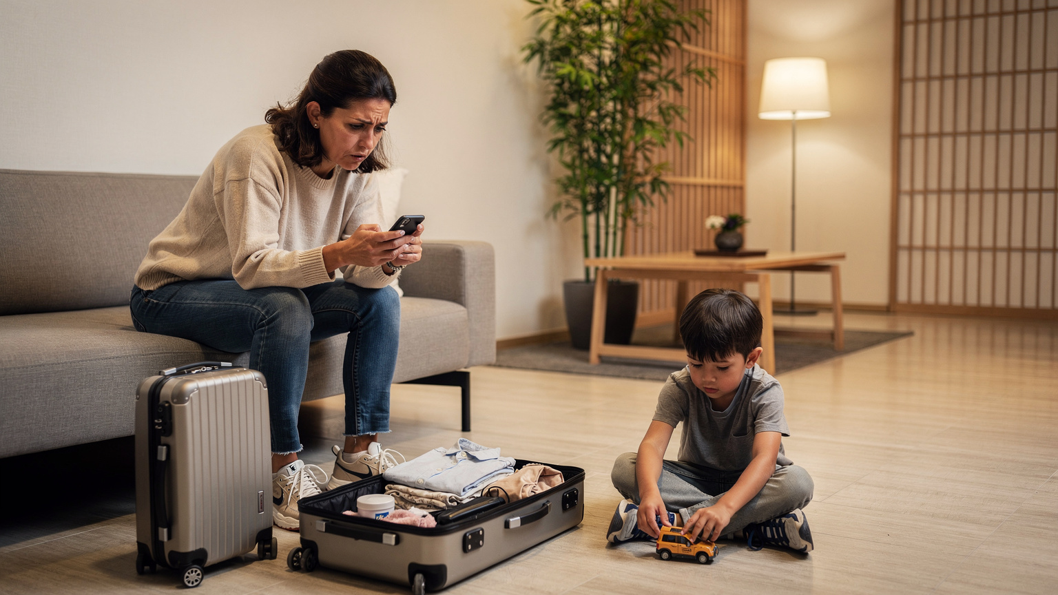 Una donna italiana di circa 40 anni, con un'espressione leggermente preoccupata, guarda il suo smartphone in mano mentre si trova nella hall di un hotel moderno a Tokyo. Sullo schermo, illeggibile, si intravede una notifica di consumo dati elevato. Accanto a lei, una valigia e un bambino di circa 7 anni che gioca annoiato con una macchinina sul pavimento.