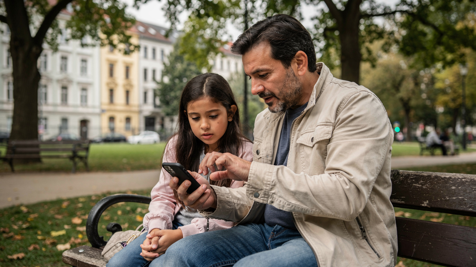 Un padre italiano e sua figlia di 10 anni sono seduti su una panchina in un parco pubblico di Berlino, sotto un cielo parzialmente nuvoloso. Il padre sta mostrando alla figlia come disattivare il roaming dati sul suo telefono (con l'interfaccia visibile ma il testo illeggibile), mentre lei lo osserva attentamente.