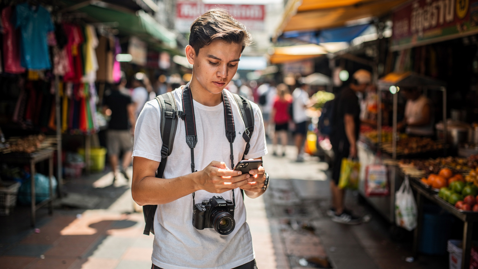 Een reiziger bekijkt de gegevens van de eSIM in de instellingen van de telefoon, met op de achtergrond een drukke straatmarkt in Bangkok, Thailand.