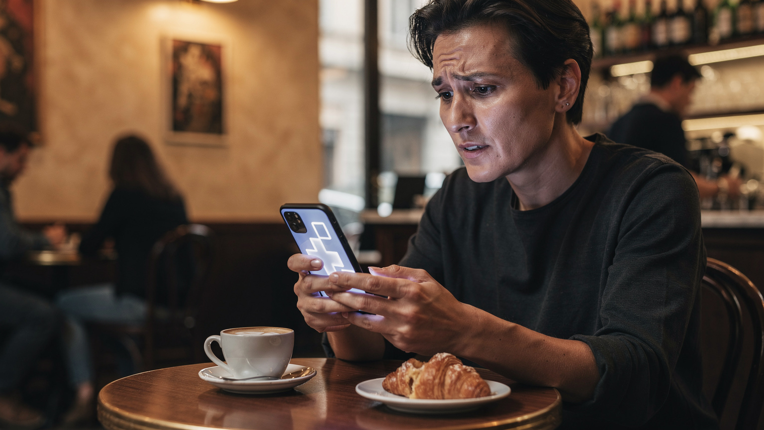 Een persoon met een bezorgde uitdrukking op het gezicht houdt een smartphone vast met een medische app geopend, terwijl hij aan een tafel zit in een café in Milaan, Italië.