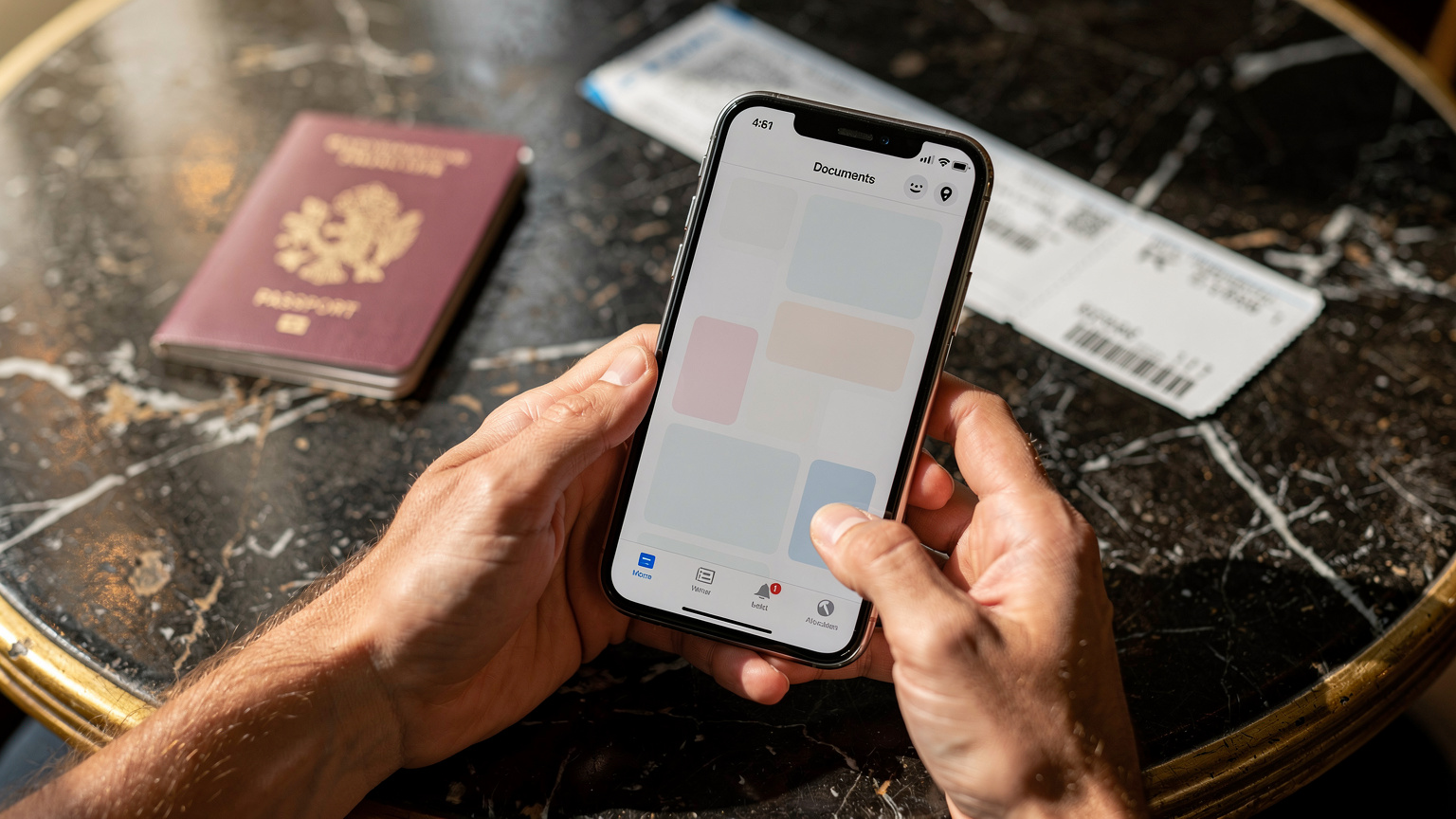 Close-up van handen die een smartphone vasthouden met een app voor reisdocumenten geopend, met op de achtergrond een onscherp paspoort en boardingpass op een cafétafel in Parijs.