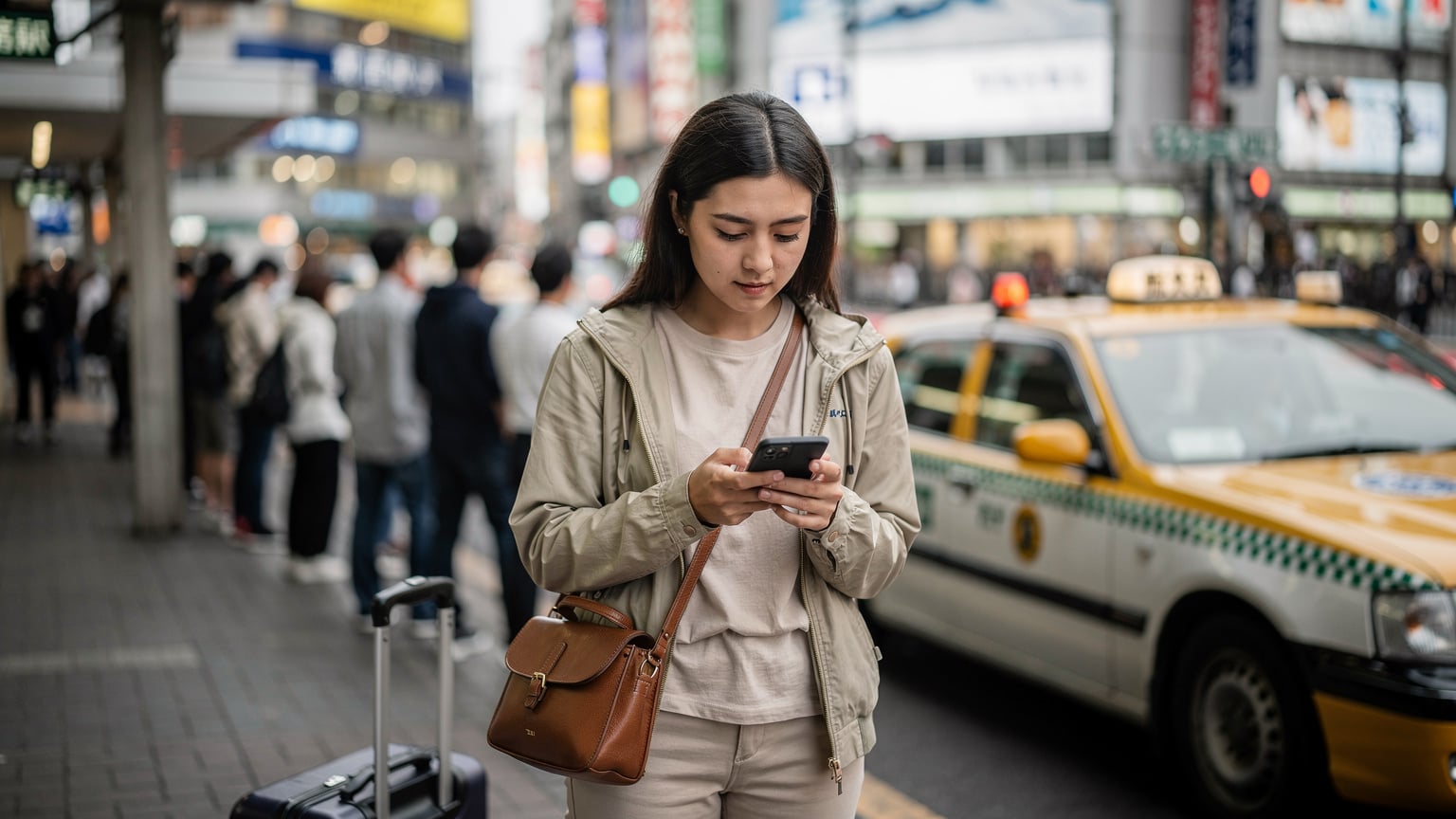 Een reiziger controleert de eSIM-instellingen op haar smartphone terwijl ze wacht in de rij bij een drukke taxistandplaats in de wijk Shinjuku, Tokyo.