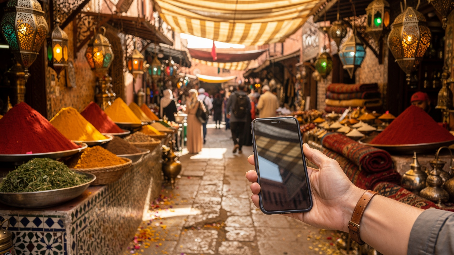 Une scène vibrante d'un marché traditionnel à Marrakech, avec des étals d'épices colorées et des lanternes artisanales. Au premier plan, une personne tient un smartphone, l'utilisant discrètement pour des informations de voyage ou des traductions, immergée dans l'ambiance locale.