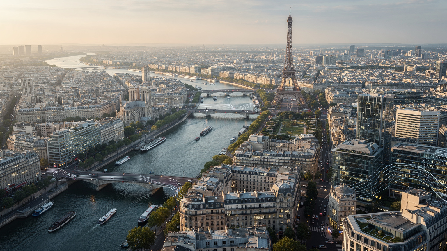 Vue aérienne stylisée de la Seine à Paris, avec la Tour Eiffel et d'autres monuments emblématiques en arrière-plan. Des symboles numériques subtils (ondes, icônes de réseau) sont superposés pour évoquer la connectivité moderne et l'effervescence des Jeux Olympiques de Paris 2026.