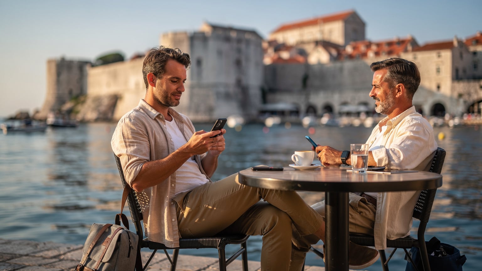 Ein Reisender sitzt entspannt in einem Café am Hafen von Dubrovnik und checkt sein Smartphone, während im Hintergrund die historische Stadtkulisse zu sehen ist.