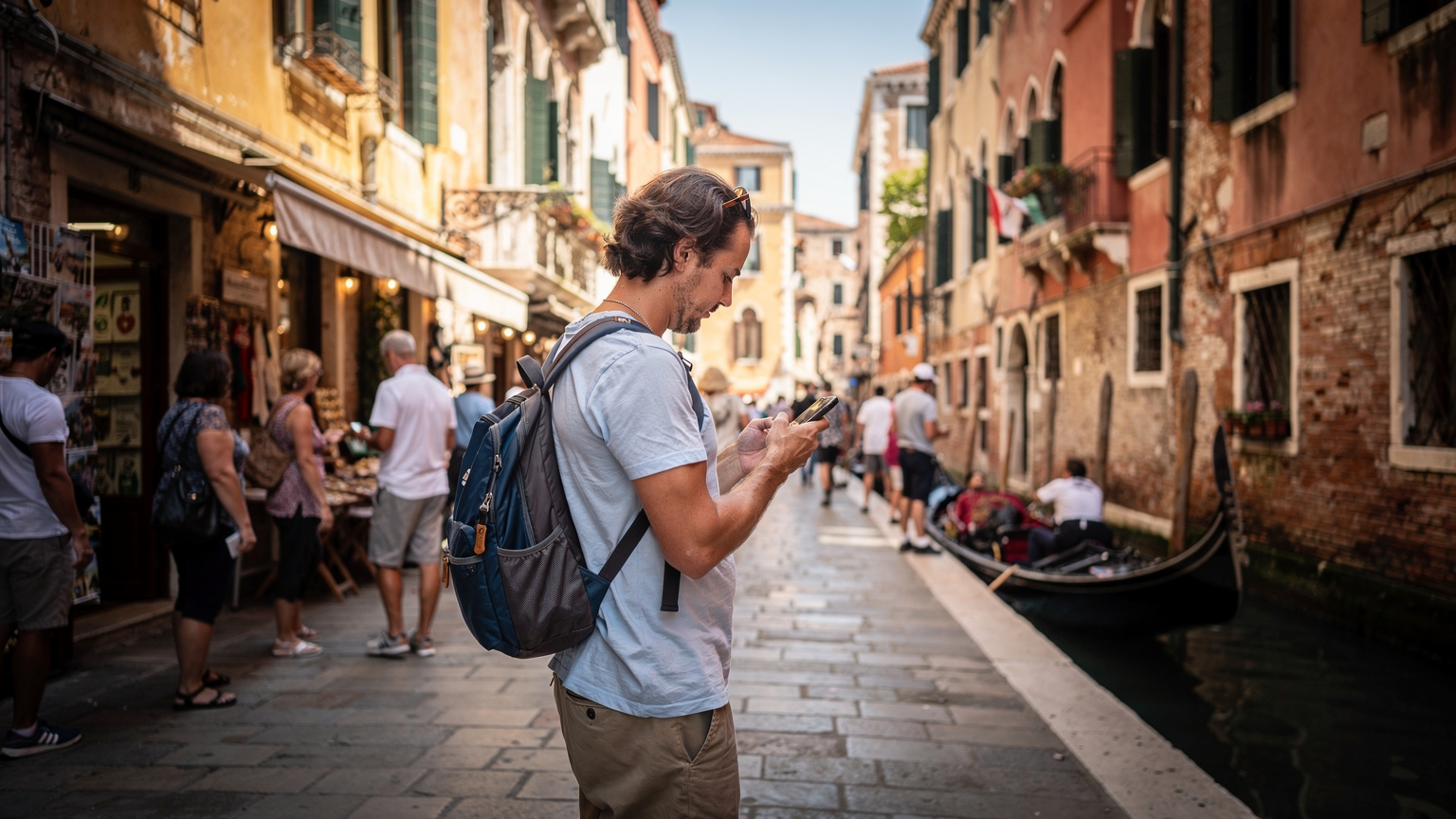 Eine belebte Straße in Venedig, Italien, mit einem Touristen, der sein Telefon benutzt, um den Weg zu finden oder Fotos zu machen.