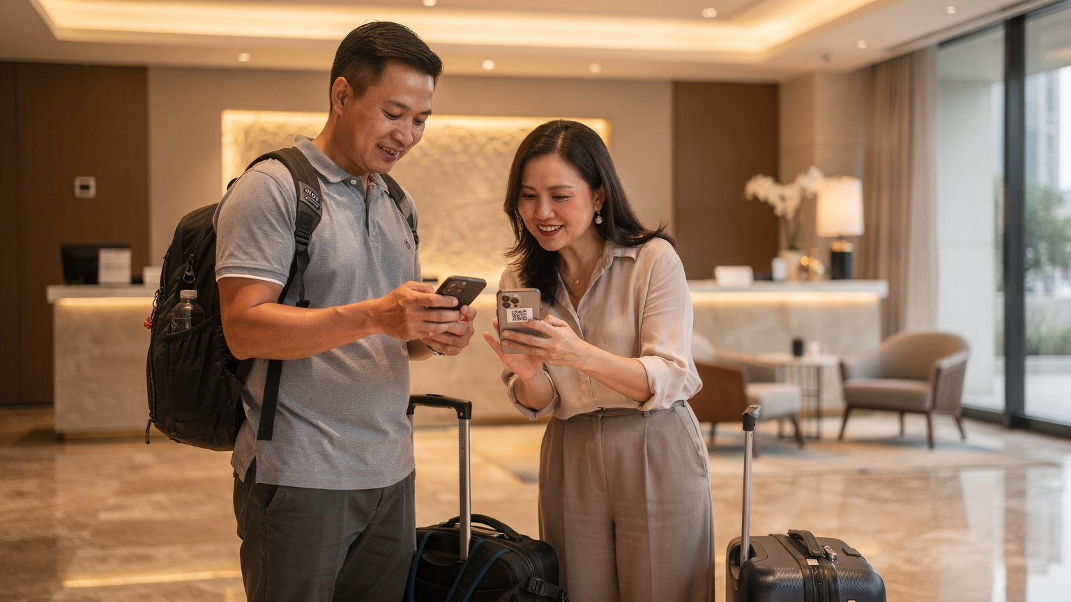 Một người đàn ông đang giúp vợ mình quét mã QR eSIM trên điện thoại của cô ấy, tại quầy check-in của một khách sạn hiện đại ở Riyadh, Ả Rập Xê Út, với ba lô du lịch và vali đặt gần đó.