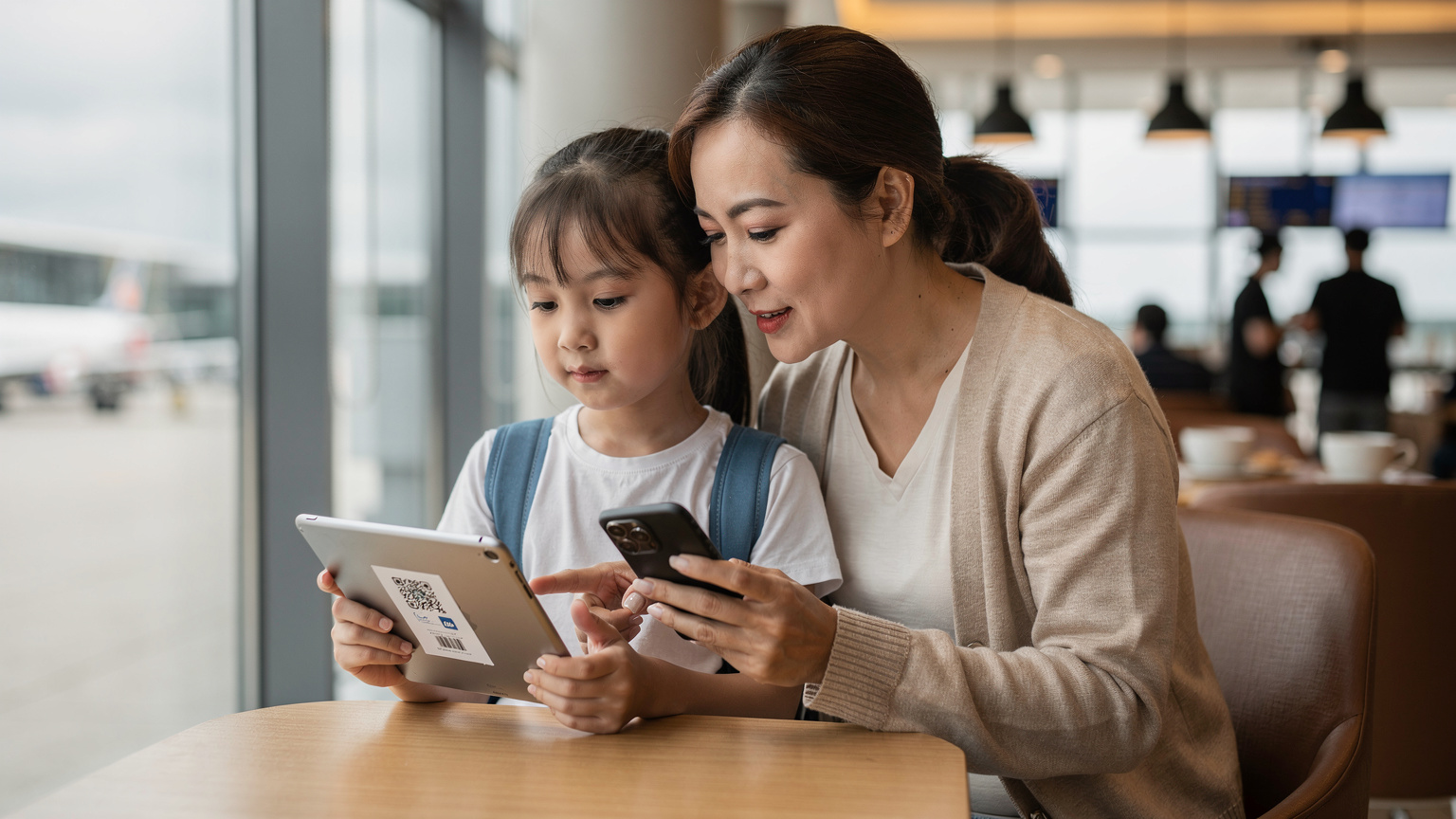 Một người mẹ đang giúp con gái mình cài đặt eSIM trên iPad, với mã QR hiển thị trên màn hình điện thoại của mẹ. Cảnh này diễn ra tại một quán cà phê yên tĩnh ở Sân bay Quốc tế Tân Sơn Nhất, trước chuyến bay đi World Expo 2026.