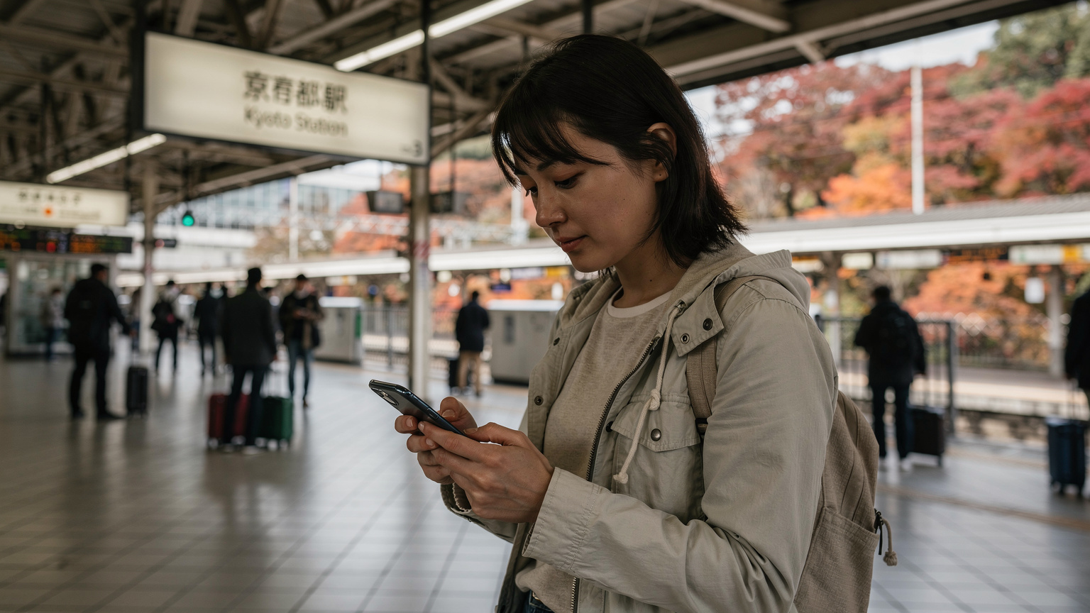 A traveler uses their phone to navigate the bustling platforms of Kyoto Station, with a glimpse of autumn leaves visible outside.