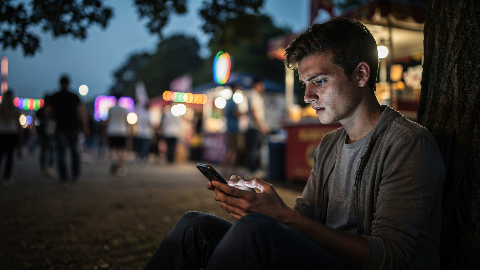 Festival kalabalığından uzakta, daha sakin bir köşede, güvenlik bilinciyle telefonunda VPN uygulamasını açan genç bir adam.