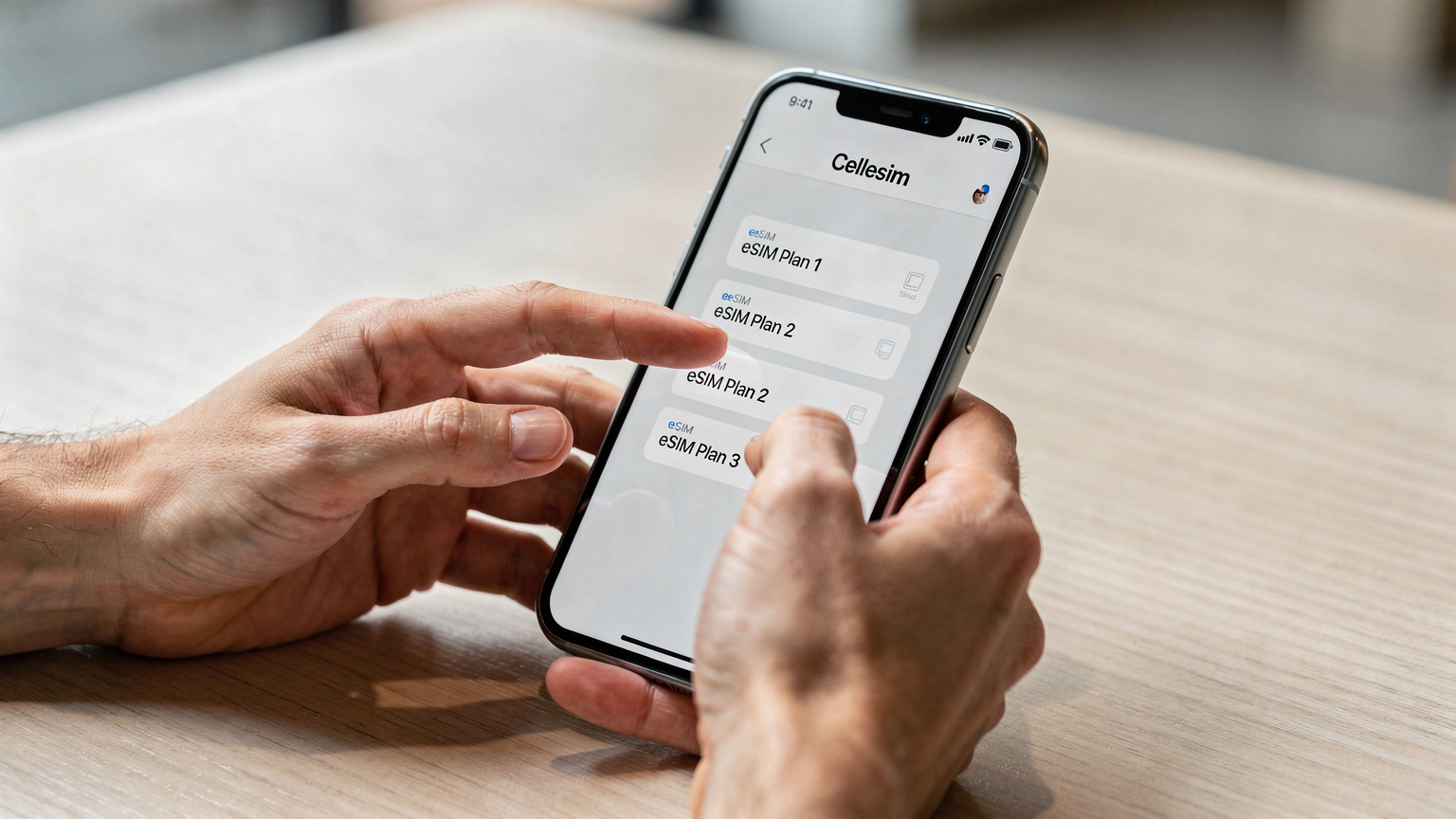 Bir kişinin elleri, iPhone 18'de Cellesim uygulamasını açmış, bir eSIM paketini seçmeye çalışırken yakından çekilmiş.