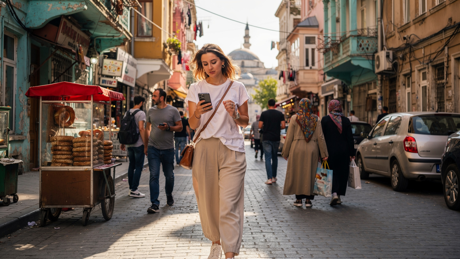 İstanbul'un hareketli bir sokağında, yeni iPhone 18'ini kullanarak yol tarifi bulan bir dijital göçebe.