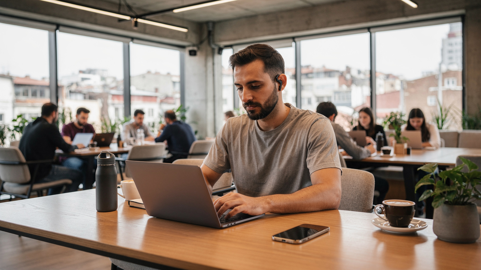 Bir dijital göçebe, laptopu ve iPhone 18'iyle İstanbul'daki bir co-working space'te, arka planda diğer çalışanlarla oturuyor.