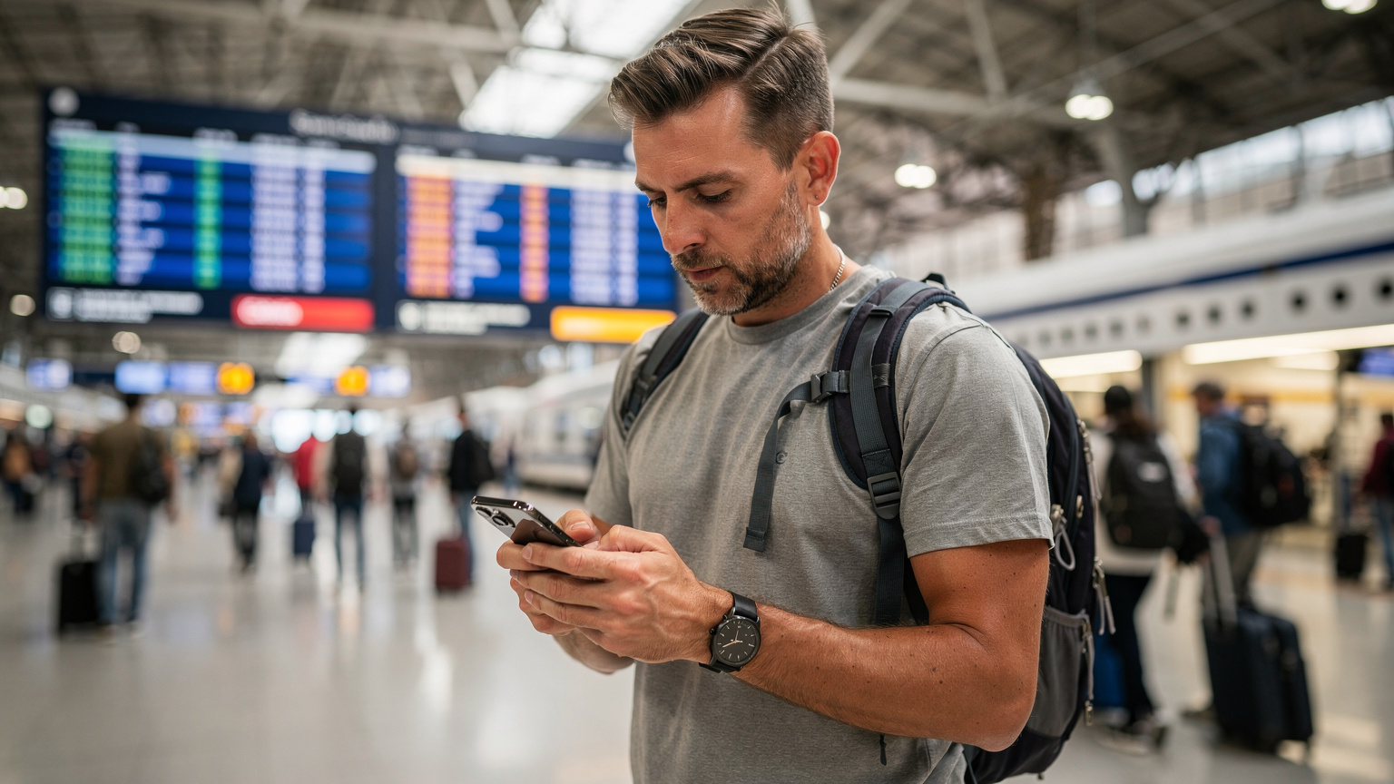 Bir dijital göçebe, elinde iPhone 18'iyle Barselona'daki bir tren istasyonunda, yolculuk bilgilerini kontrol ediyor.