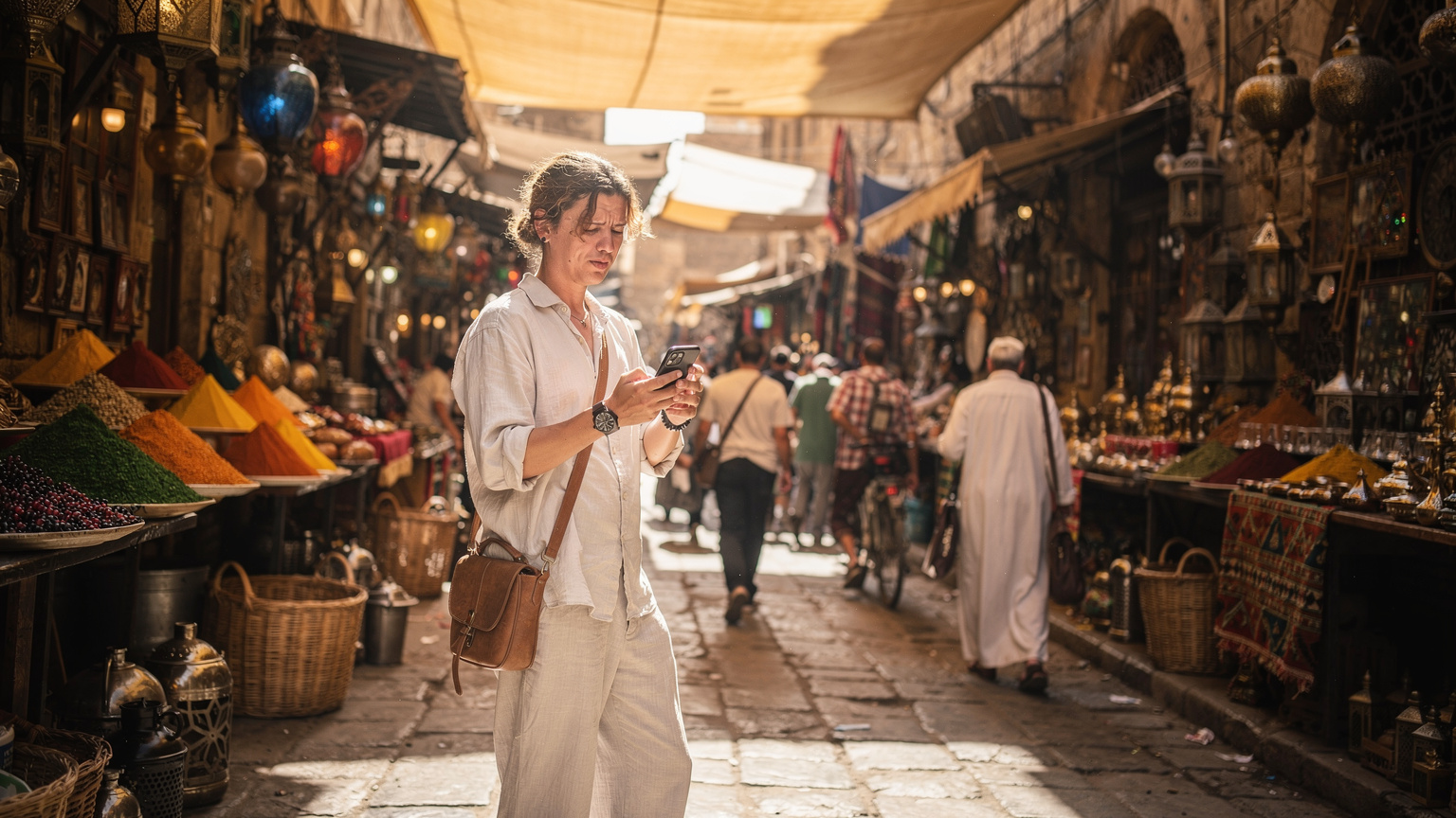 Un viaggiatore utilizza il suo smartphone per orientarsi tra le intricate vie del mercato di Khan el-Khalili al Cairo, con bancarelle di spezie e artigianato sullo sfondo.