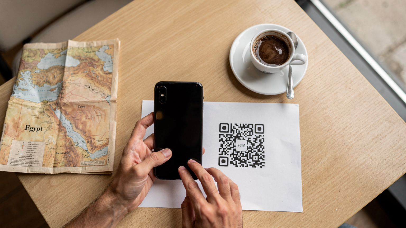 Un viaggiatore sta scansionando un codice QR per attivare la sua eSIM su uno smartphone, con una tazza di caffè e una mappa turistica dell'Egitto appoggiate su un tavolo di legno in un caffè moderno del Cairo.
