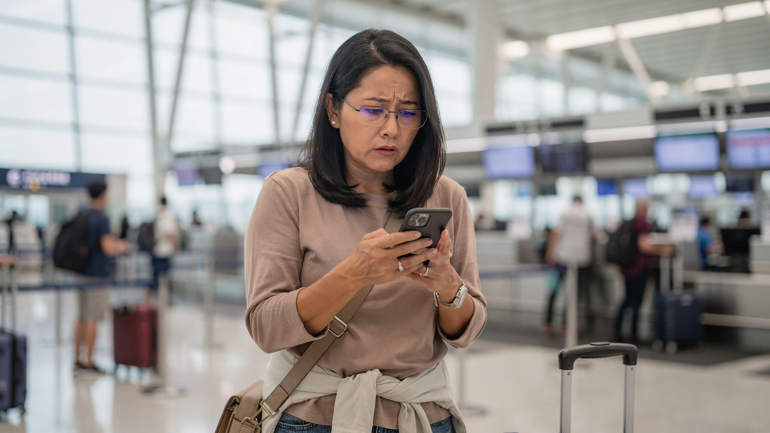 Seorang ibu sedang melihat telefonnya dengan riak risau, mungkin menghadapi masalah sambungan, di kaunter daftar masuk lapangan terbang yang sibuk di Lapangan Terbang Antarabangsa Incheon, Seoul, Korea Selatan.