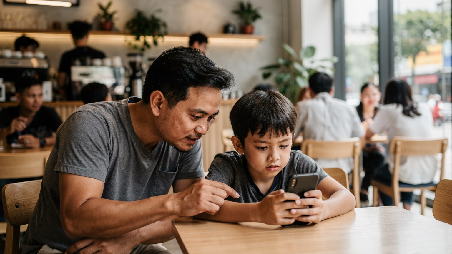Seorang bapa Malaysia sedang membantu anaknya yang sedang bermain di telefon, dengan latar belakang suasana sebuah kafe moden yang sibuk di Ho Chi Minh City, Vietnam, menunjukkan kemudahan akses internet di mana-mana.