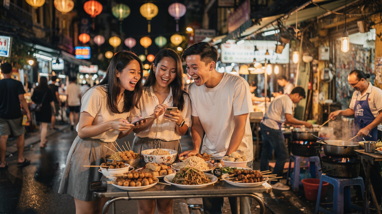 Sekumpulan rakan-rakan sedang menikmati makanan jalanan tempatan di pasar malam yang meriah di Old Quarter, Hanoi, Vietnam, dengan seorang daripada mereka memegang telefon pintar untuk mencari lokasi atau berkongsi foto, menunjukkan sambungan yang lancar.