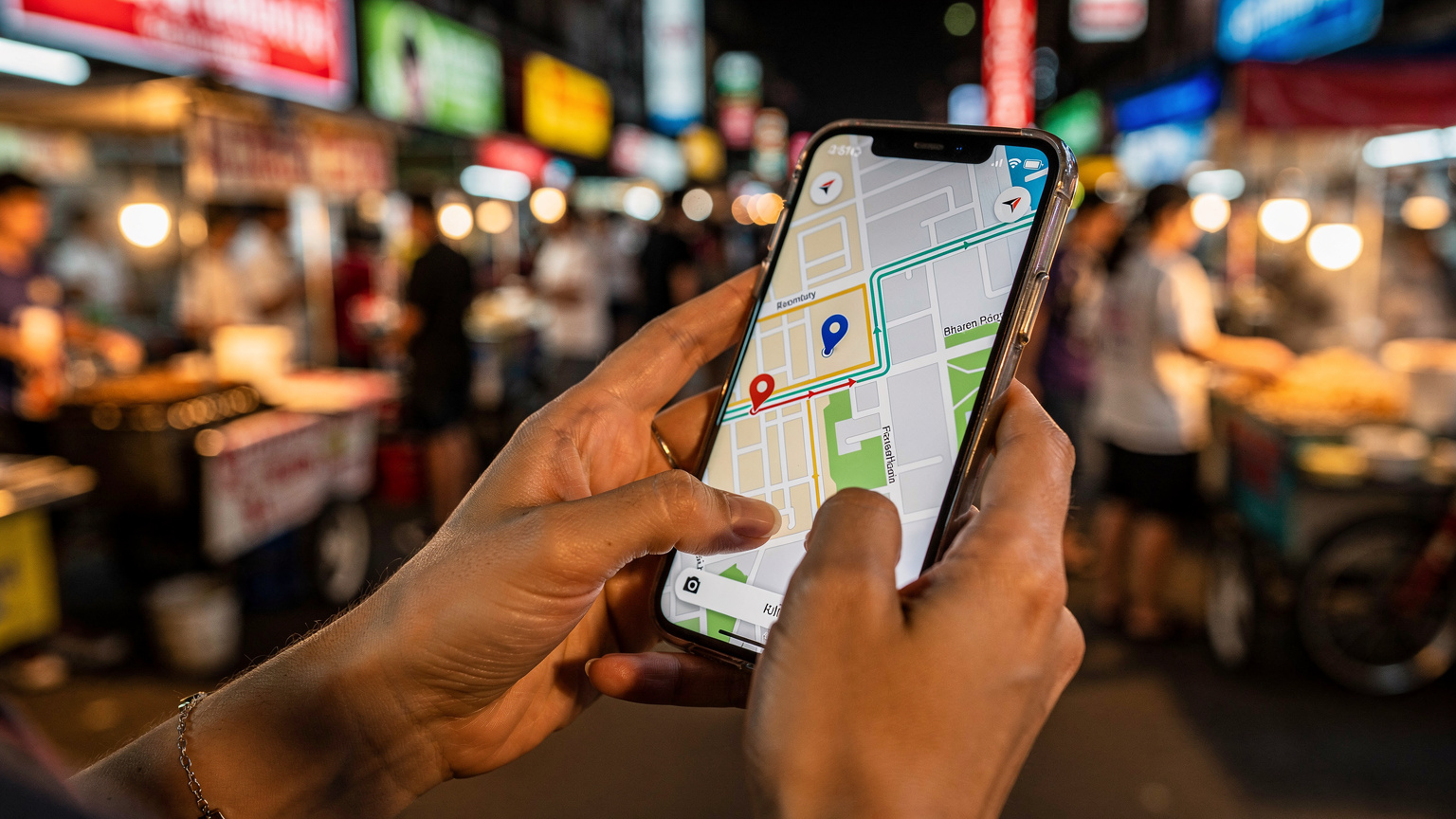 Tangan seorang wanita memegang telefon pintar yang memaparkan peta navigasi, dengan latar belakang deretan gerai makanan jalanan yang sibuk dan lampu neon terang di Jalan Khao San, Bangkok, Thailand.