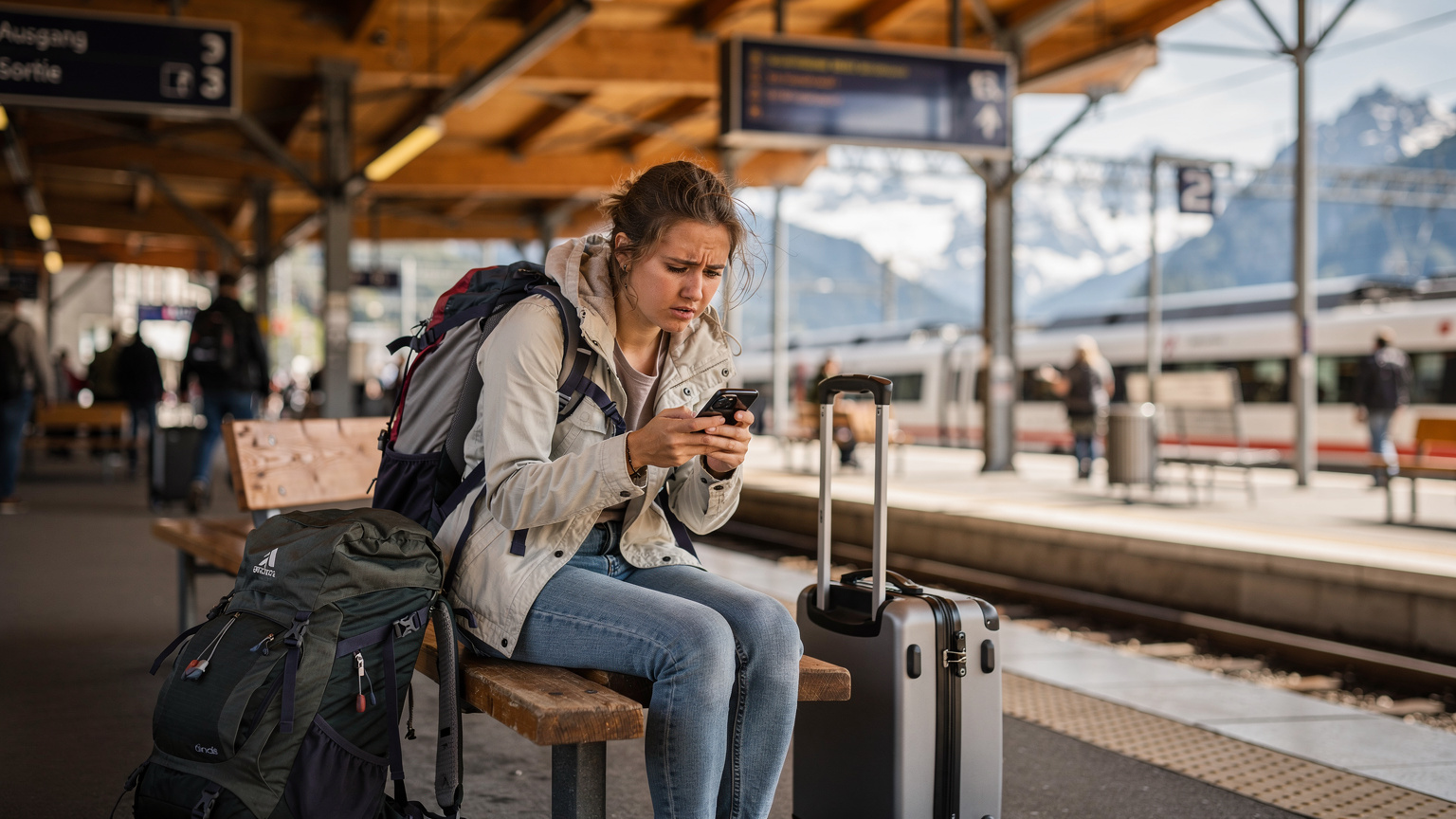 En ung kvinnelig backpacker sitter på en benk i en travel togstasjon i en alpin landsby, ser bekymret på telefonen sin, omgitt av bagasje og andre reisende.