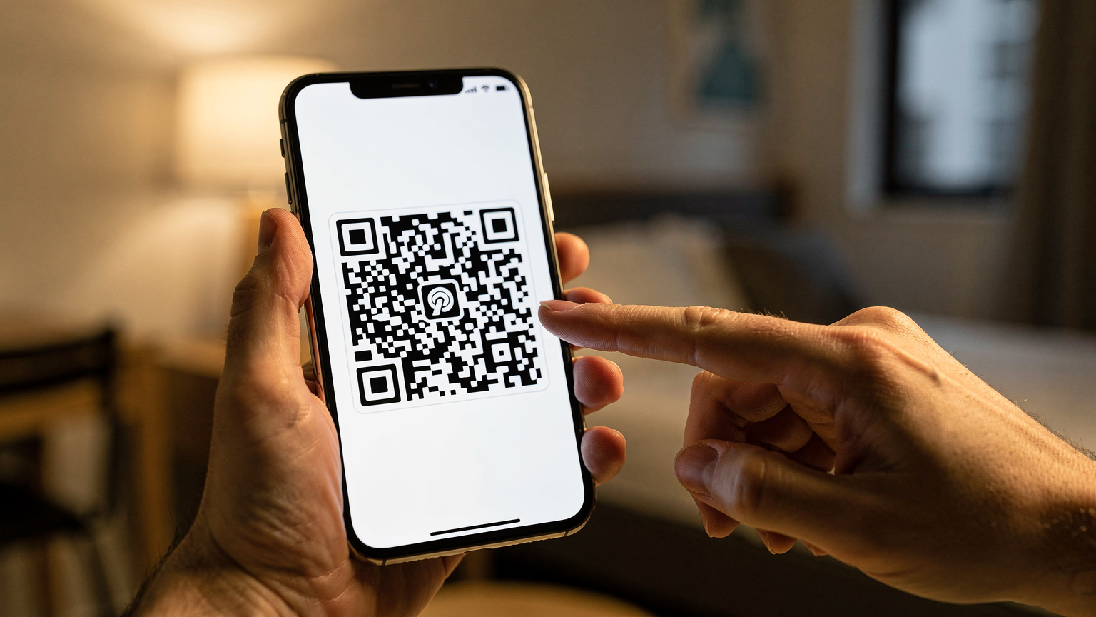 Et nærbilde av hender som holder en smarttelefon med en QR-kode på skjermen, klar for eSIM-aktivering, med den andre hånden som peker diskret på koden som om den instruerer.