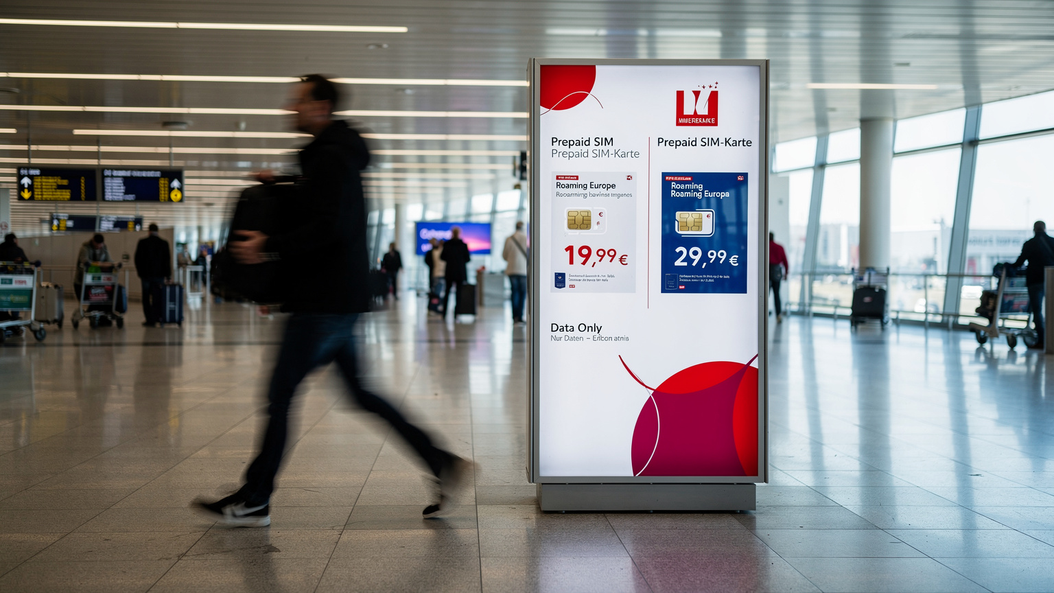 En travel person går raskt forbi en mobiloperatørkiosk på en europeisk flyplass, uten å stoppe, med skilt på tysk og engelsk for et lokalt SIM-kort. Fokus på bevegelse.
