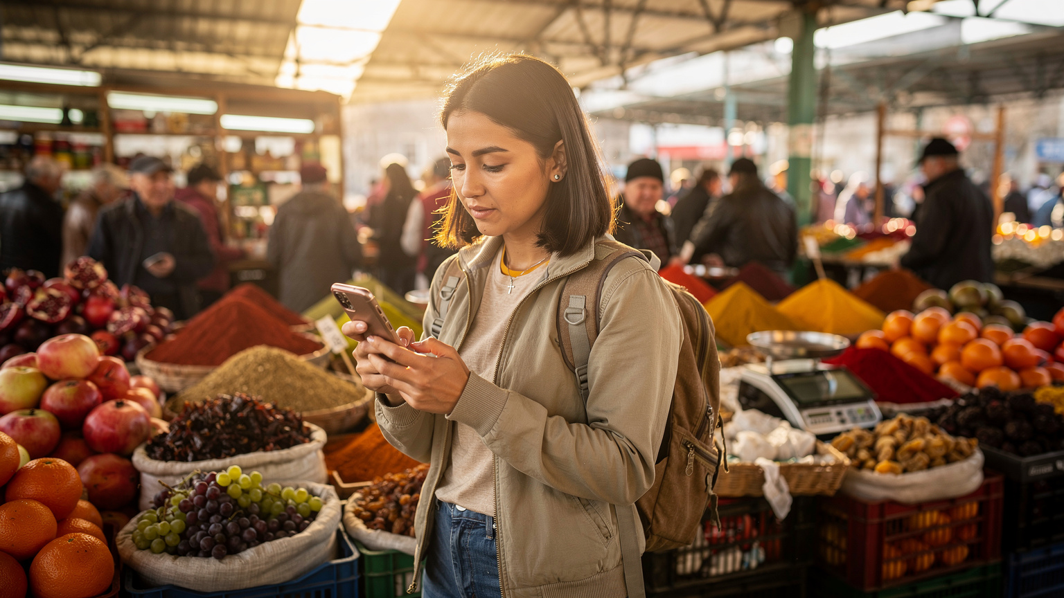 A traveler in the bustling Zelyony Bazaar in Almaty, Kazakhstan, checks their phone for connectivity while navigating the vibrant market stalls, illuminated by warm afternoon sun.