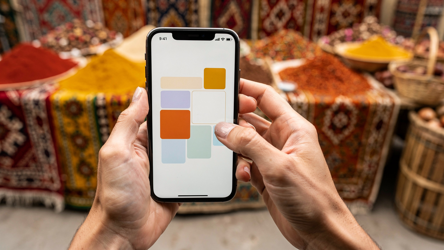 A close-up of a traveler's hands interacting with their smartphone, showing the Cellesim app interface with a Central Asia eSIM plan selected, against a blurred background of a traditional Uzbek market, under soft, diffused light.